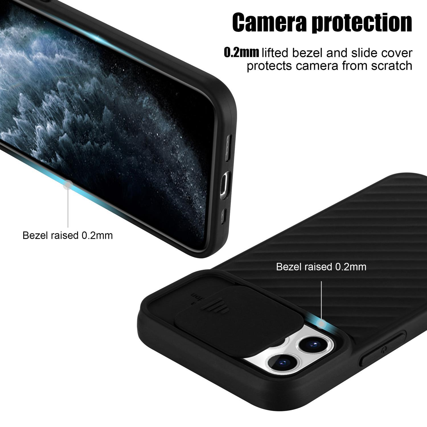 Schwarze Handyhülle mit Kameraschutz. Blende 0,2 mm erhöht. Telefonbildschirm sichtbar.