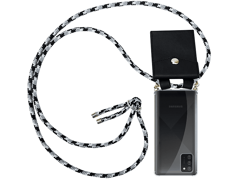 CADORABO Handy Kette mit Gold SCHWARZ A02s, Band Samsung, Backcover, CAMOUFLAGE abnehmbarer Hülle, und Galaxy Kordel Ringen