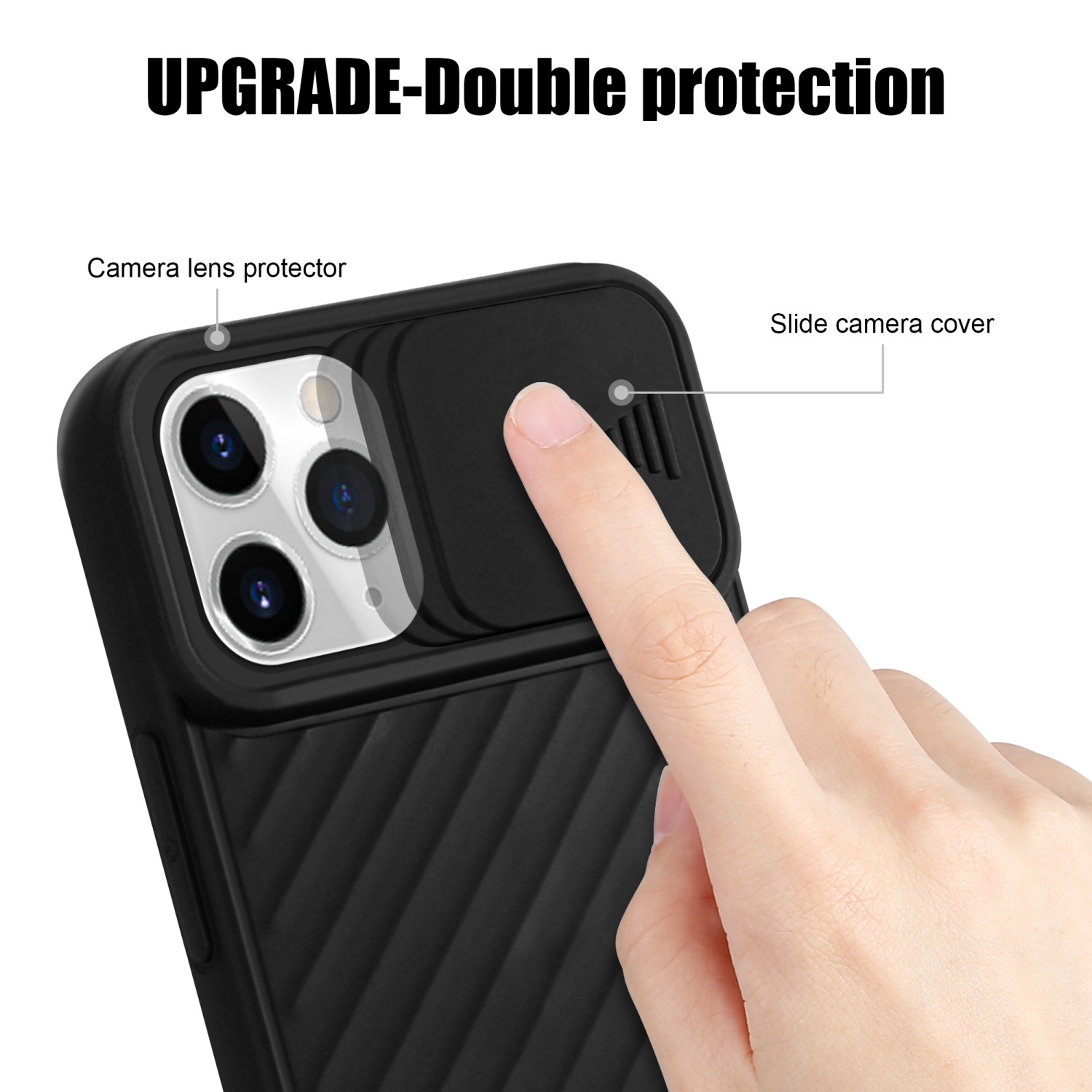 Schwarze Handyhülle mit Kameraabdeckung, ein Finger schiebt die Abdeckung. Text: Upgrade-Doppelschutz.