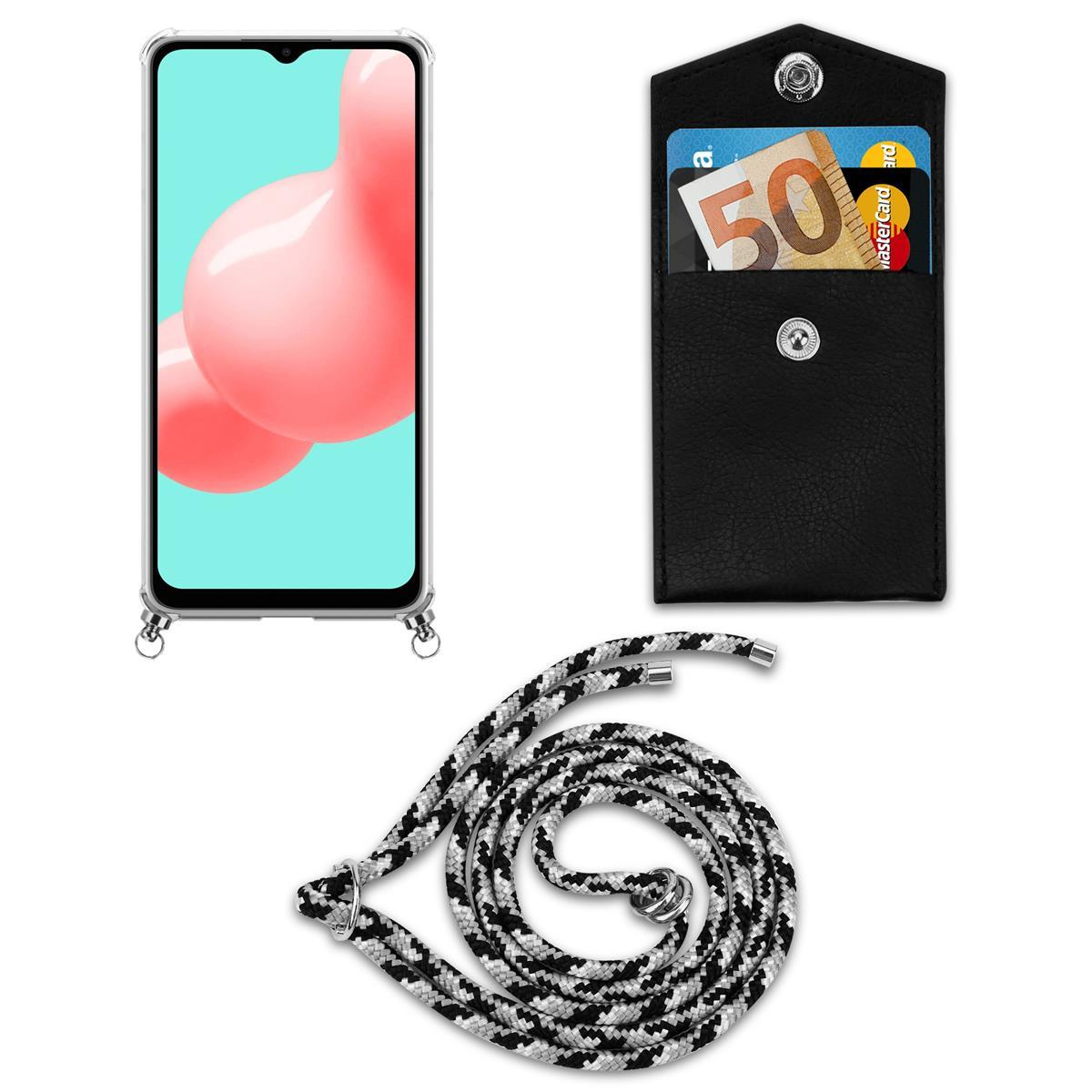 Telefon mit Lanyard und kleiner schwarzer Geldbörse mit Mastercard und 50-Euro-Schein.