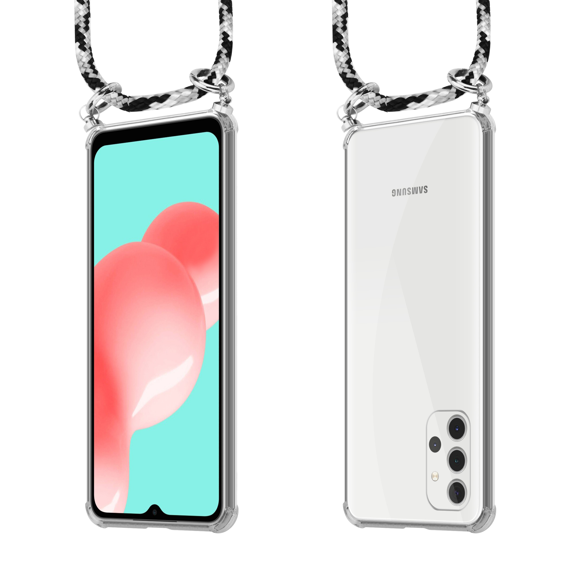 Handyhülle mit Lanyard. Telefon sichtbar, klarer Rücken, rosa Blasen auf dem Bildschirm.