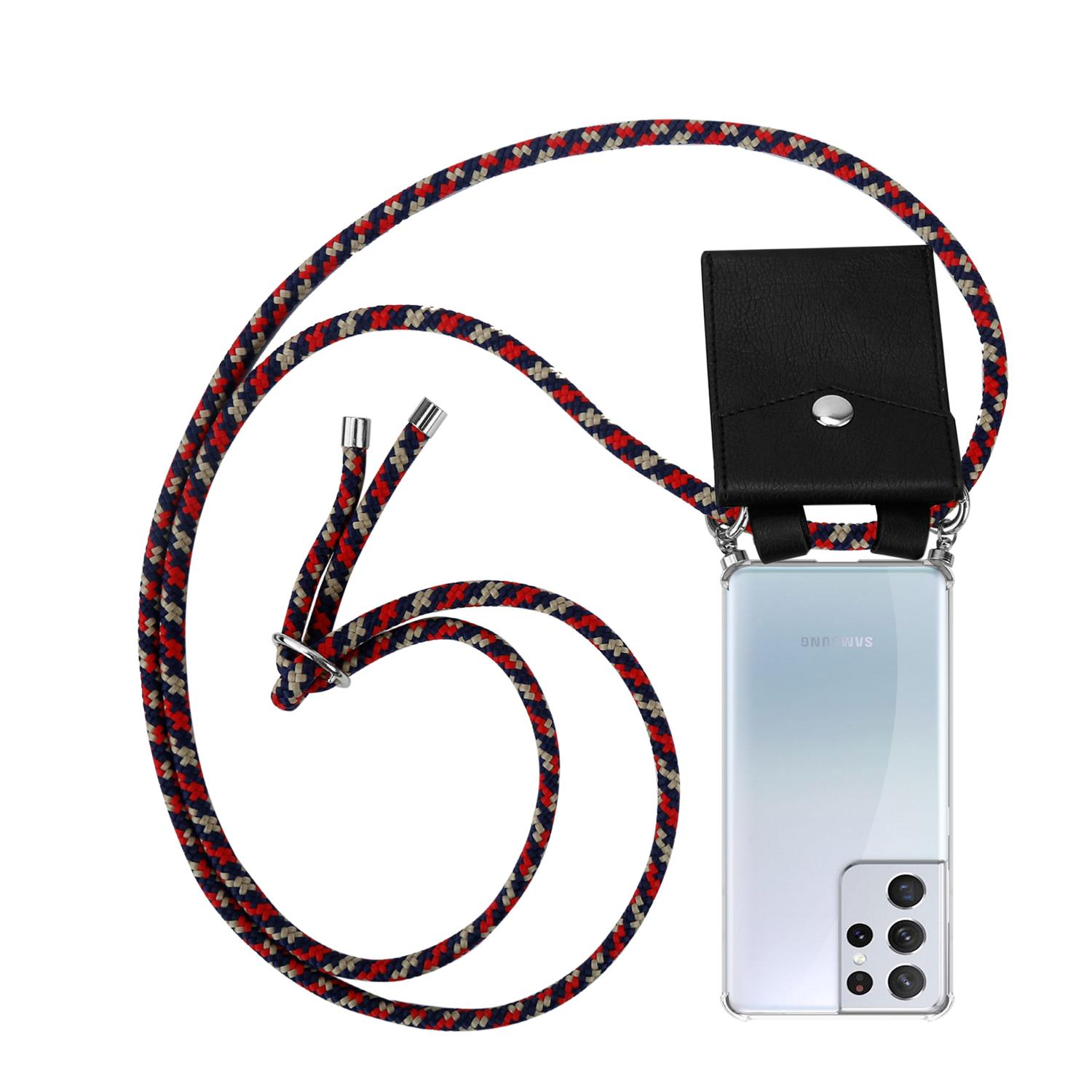 Smartphone mit Umhängeband, schwarze Ledertasche mit Halter.