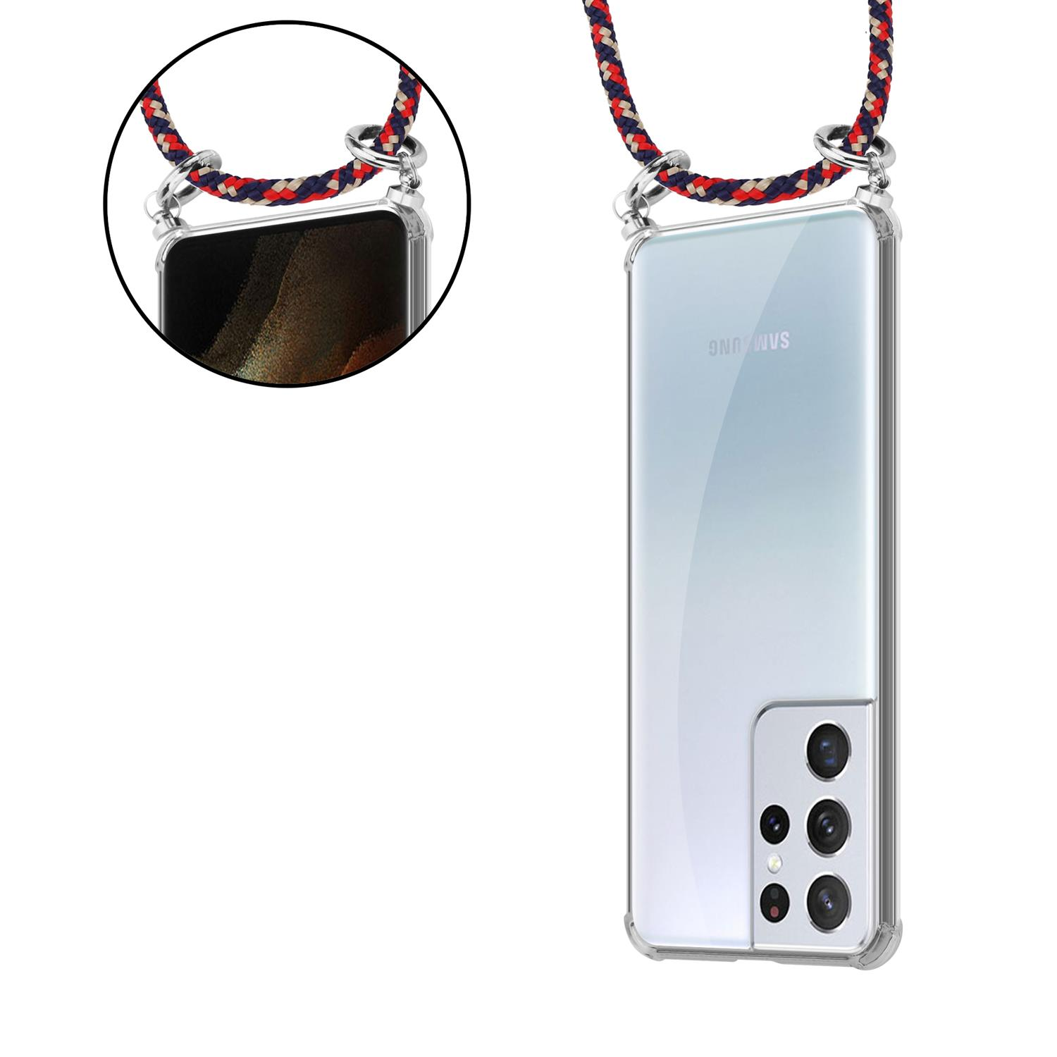 Ein Telefon in einer transparenten Hülle, die an einem rot-schwarzen Lanyard befestigt ist. Die Rückseite ist sichtbar.