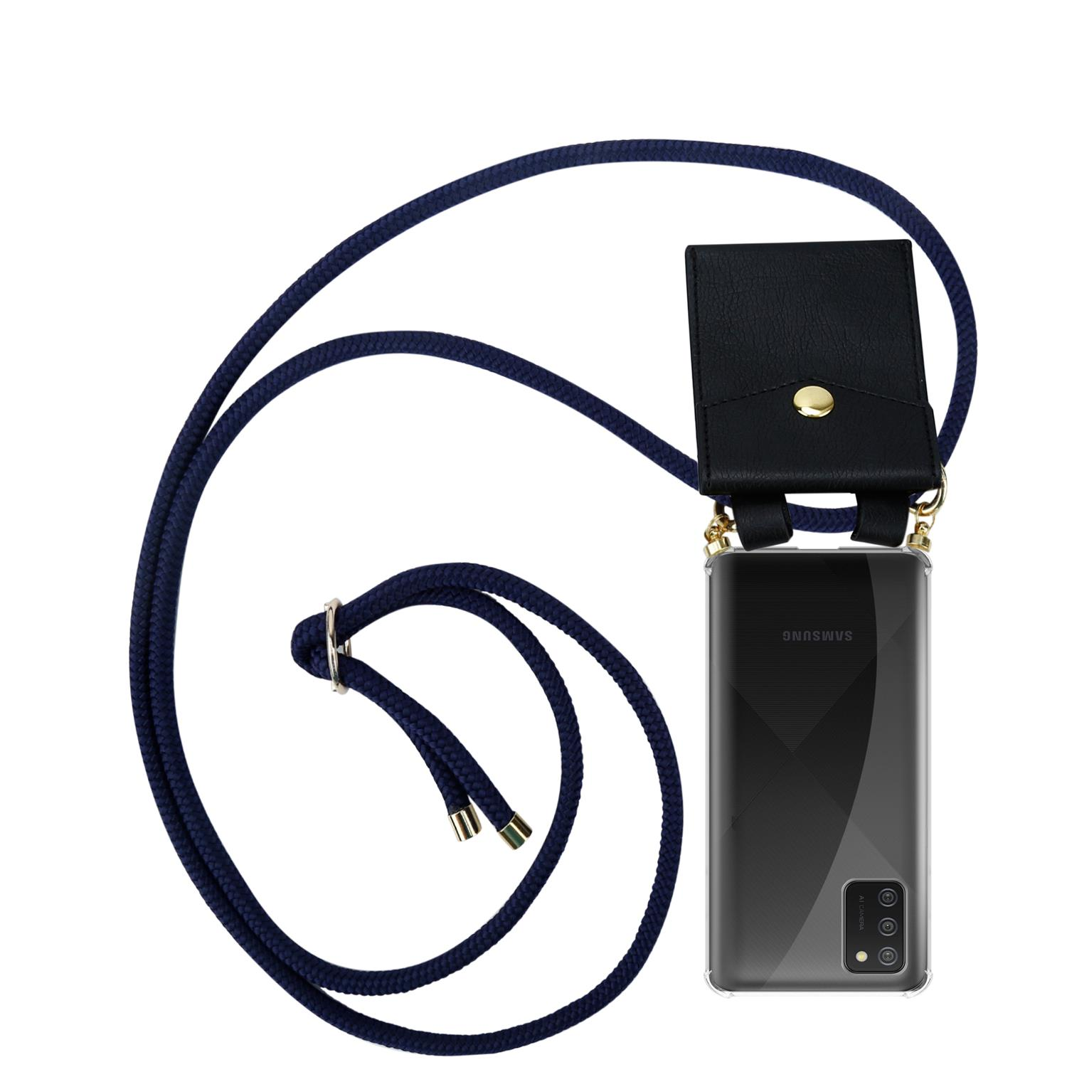 CADORABO Handy Kette und Band BLAU Ringen, TIEF mit Hülle, abnehmbarer Kordel Gold Galaxy Backcover, Samsung, A02s