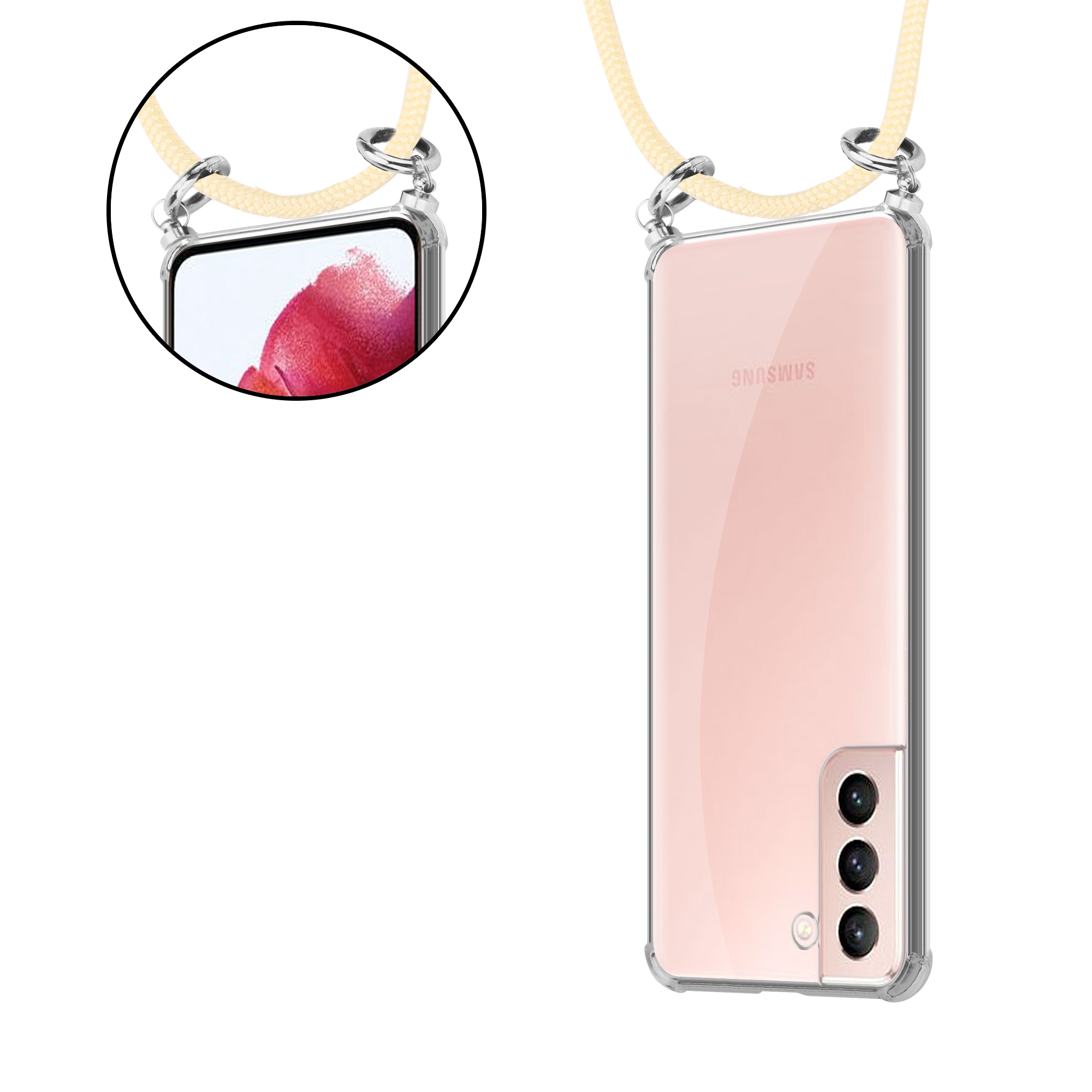 Zwei Ansichten einer transparenten Handyhülle mit gelbem Lanyard. Das Telefon hat einen rosa Farbverlauf.