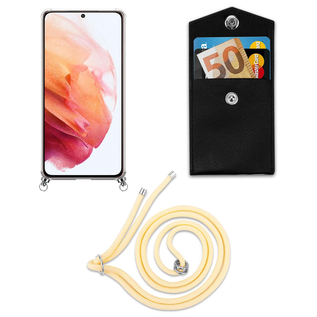 Telefon in klarer Hülle mit gelbem Kordelriemen und schwarzem, brieftaschenähnlichem Aufsatz.