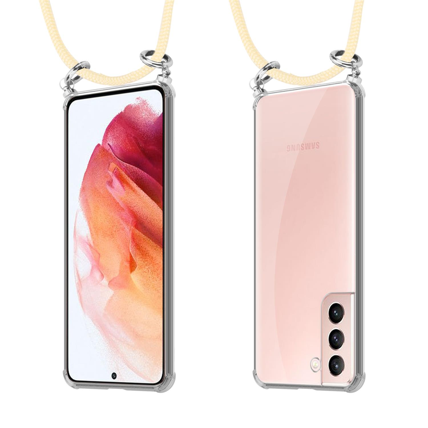 Transparente Handyhülle mit Lanyard, Vorder- und Rückseite des Handys. Beige Seil, rosa Telefon.