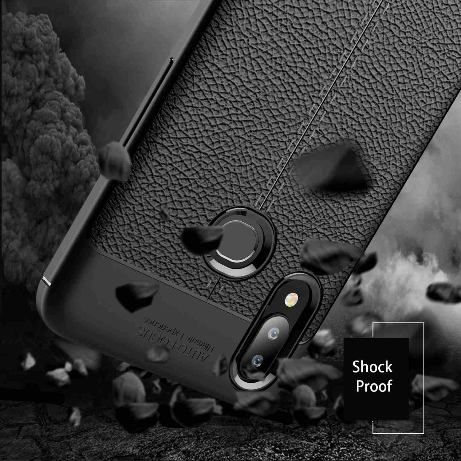 Custodia nera con texture. Rocce cadono intorno. Testo: Antishock.