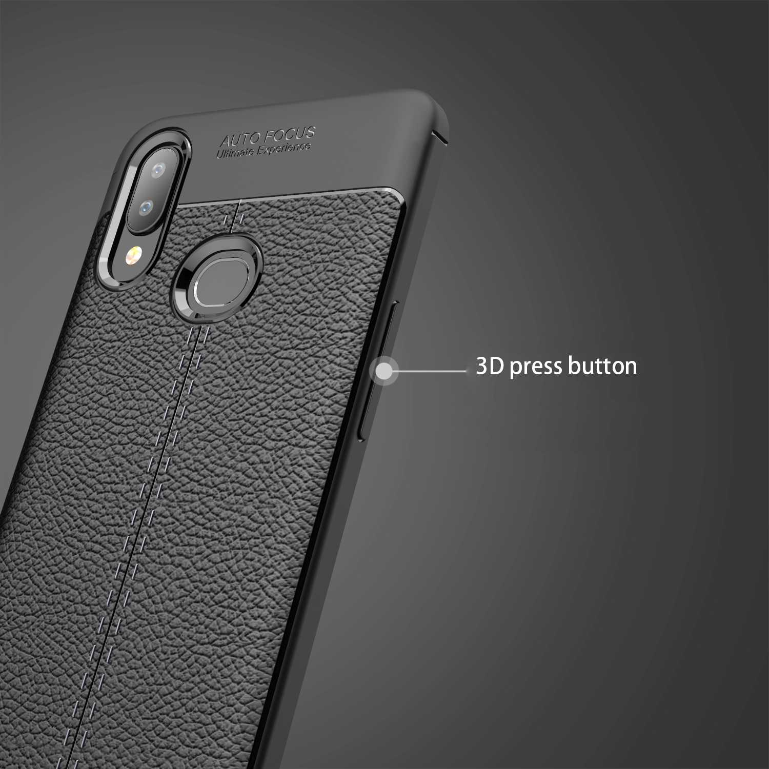 Custodia nera per telefono con texture simile alla pelle, un pulsante 3D è etichettato.