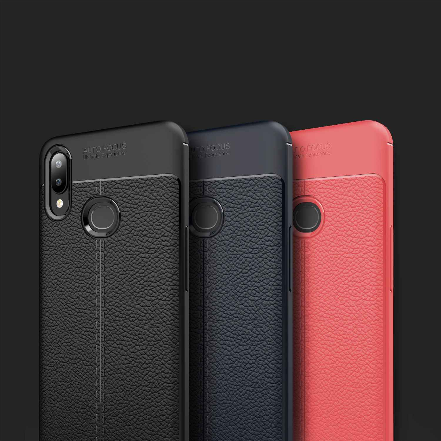 Tre custodie per telefono, nere, blu e rosse, con superfici strutturate e cuciture.