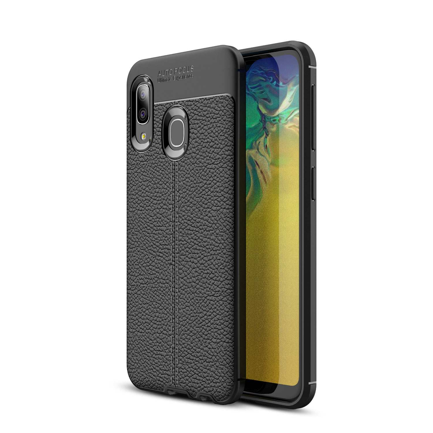 CADORABO Hülle TPU Silikon mit Galaxy A20e, Kunstleder-Applikation, / A10e Backcover, edler Samsung, Schwarz Tief