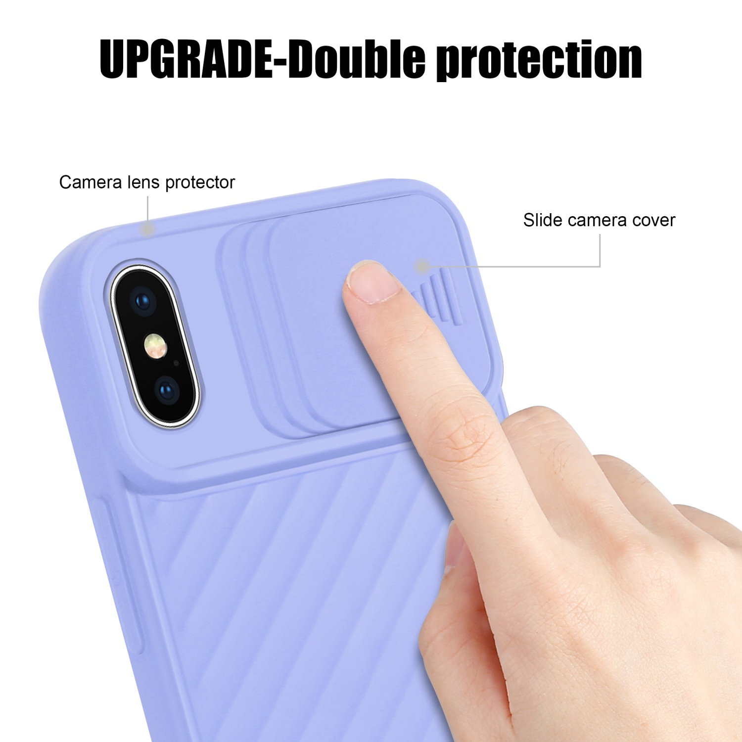 Eine Hand berührt eine lila Handyhülle mit Kameraabdeckung. Text: UPGRADE-Doppelschutz.