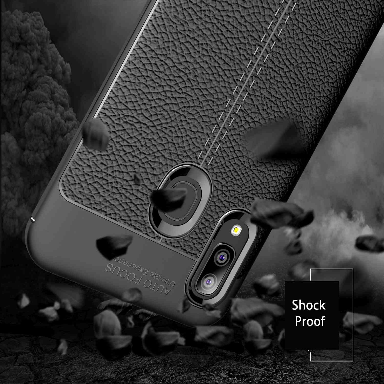 Schwarze Handyhülle mit Lederstruktur. Die Handyhülle ist von fallenden Steinen umgeben. Der Text 'Shock Proof' ist sichtbar.