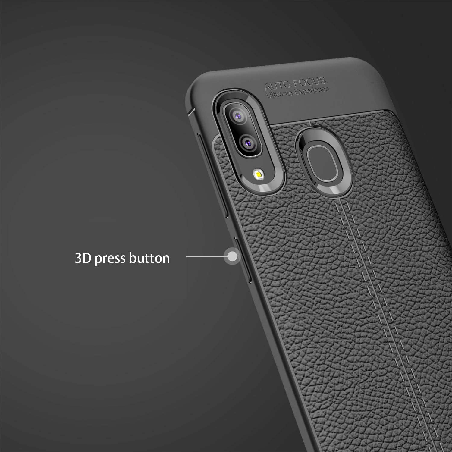 Schwarze Handyhülle, strukturiert, mit Kamera und 3D-Druckknopf.