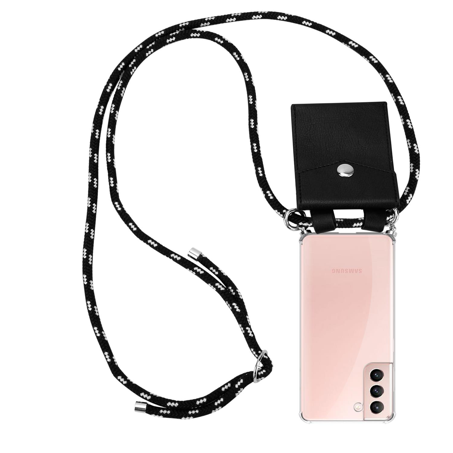 Handyhülle mit Lanyard. Transparente Hülle, schwarze Ledertasche, schwarz-weißes Band.