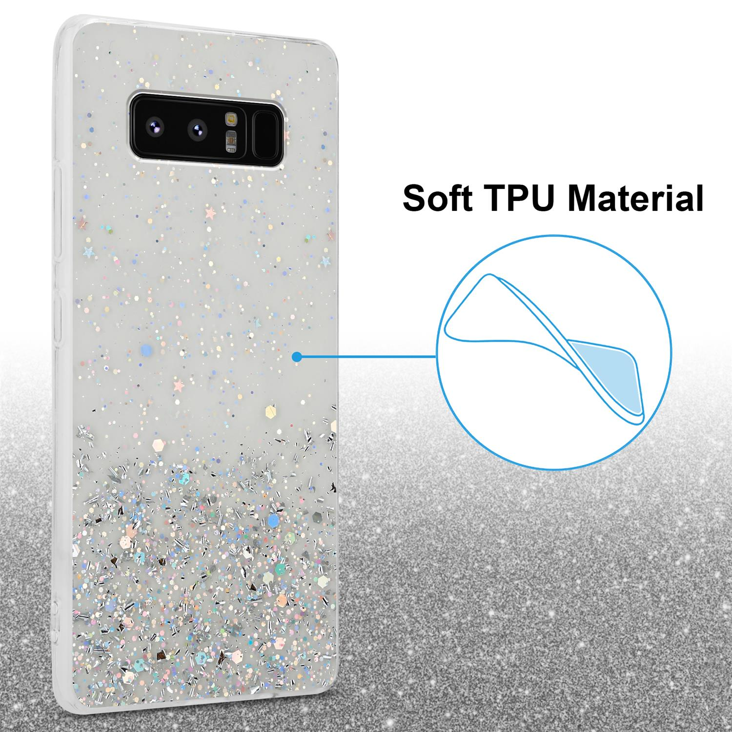 Glitzernde silberne Handyhülle, heller Hintergrund mit blauem Pfeil. Text: Weiches TPU-Material.