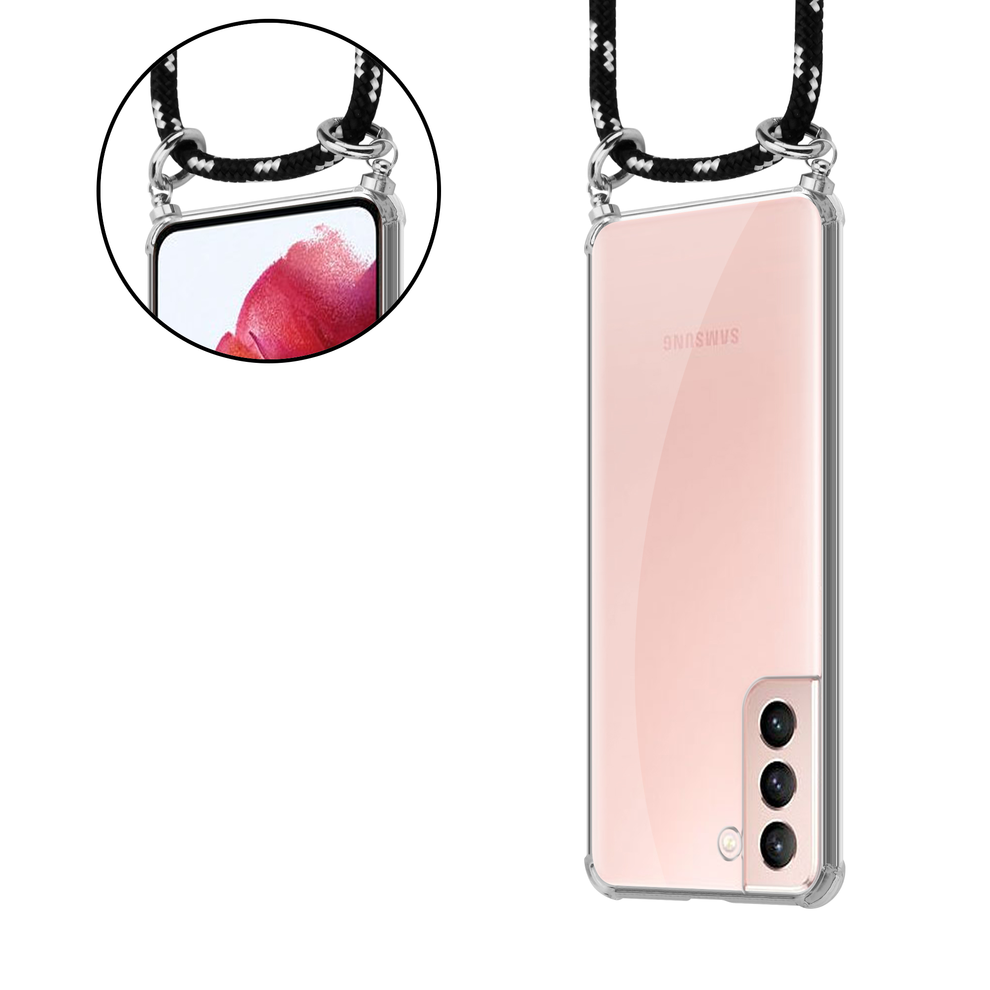 Transparente Handyhülle mit Lanyard, Telefon mit rosa Rückseite, schwarz-weißes Seil.