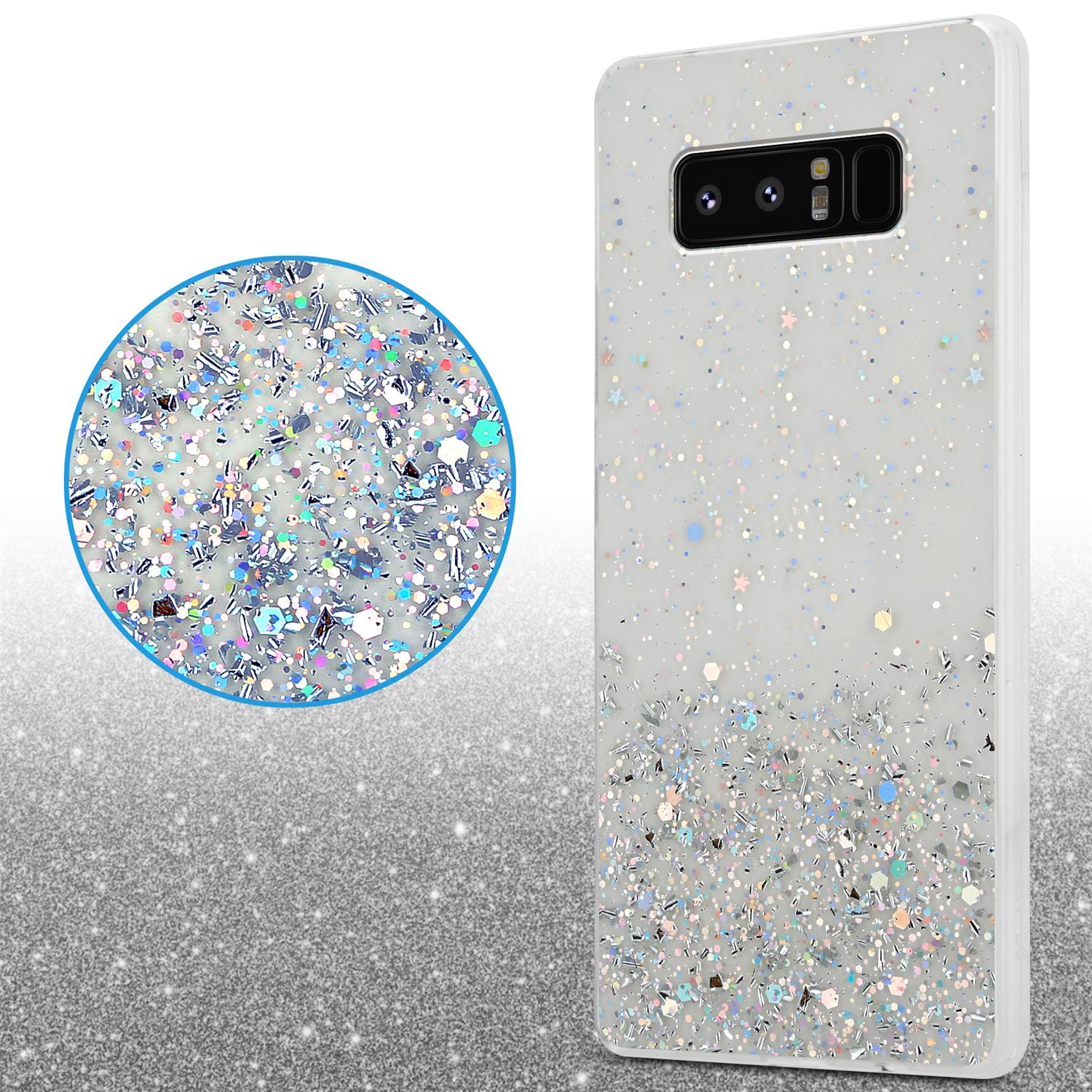 Weiße Handyhülle mit Glitzereffekt, Handyhülle und Nahaufnahme. Das Telefon befindet sich auf silbernem Hintergrund.