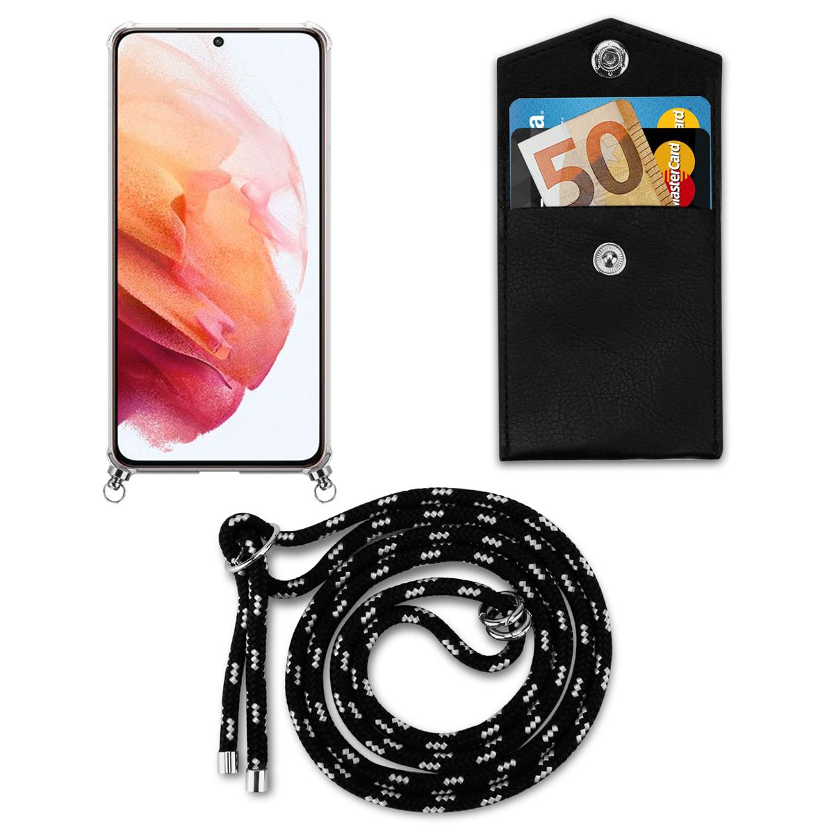 Handyhülle mit Lanyard und Telefon. Karten und Geld in einer kleinen Tasche. Schwarz-weißes Seil.