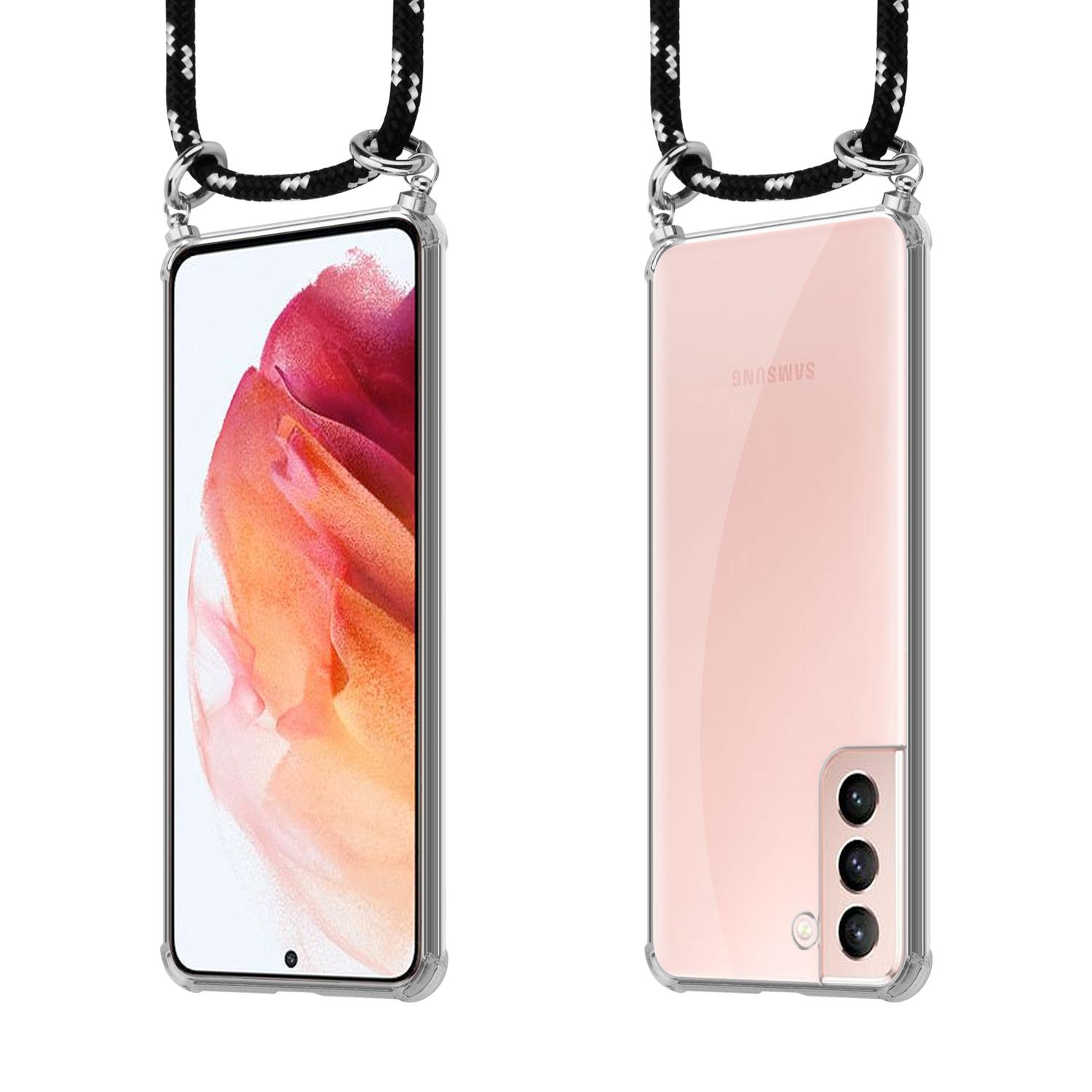 Zwei Handyhüllen. Eine mit Riemen. Eine mit Samsung-Logo. Rosa Farbe.