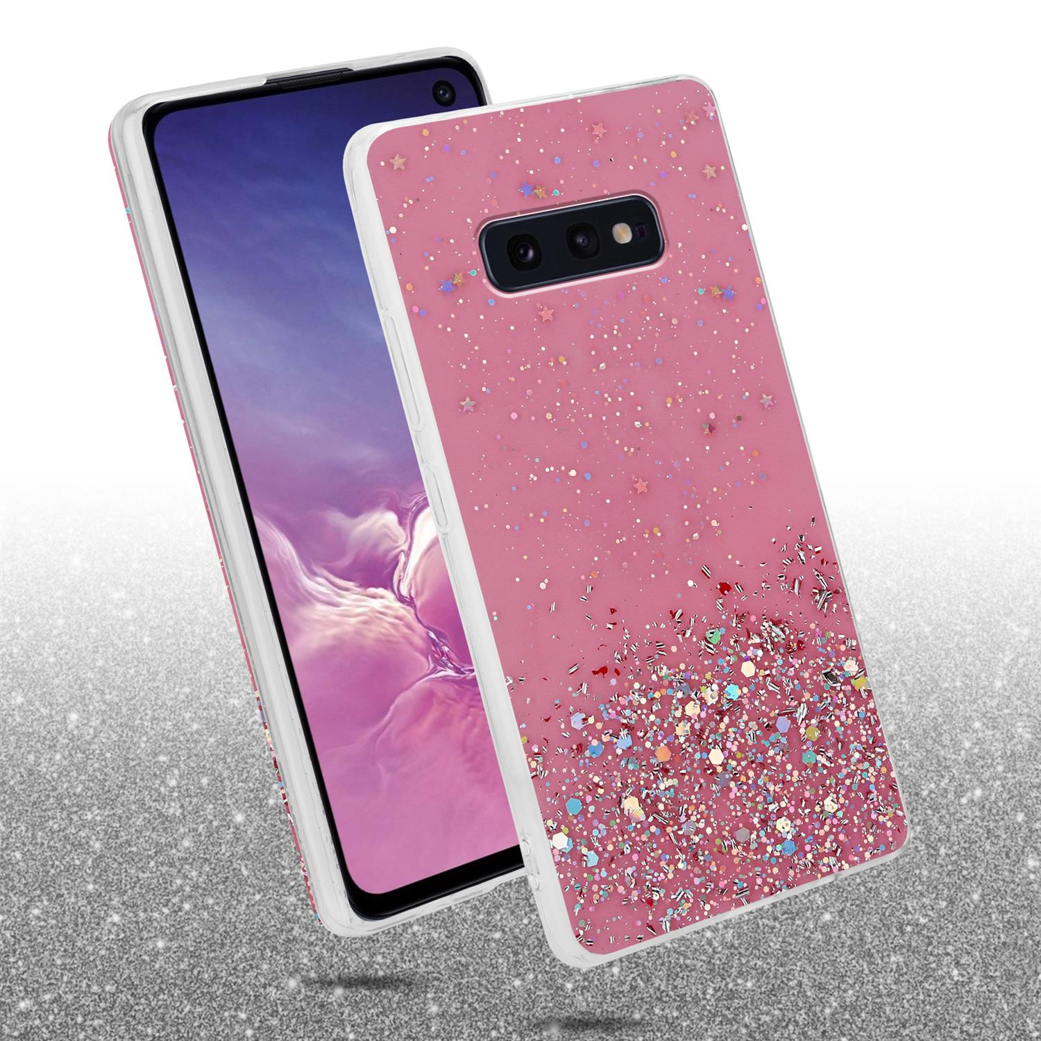 Custodia rosa per telefono con glitter. Un telefono è all'interno della custodia. Lo sfondo è lucido.