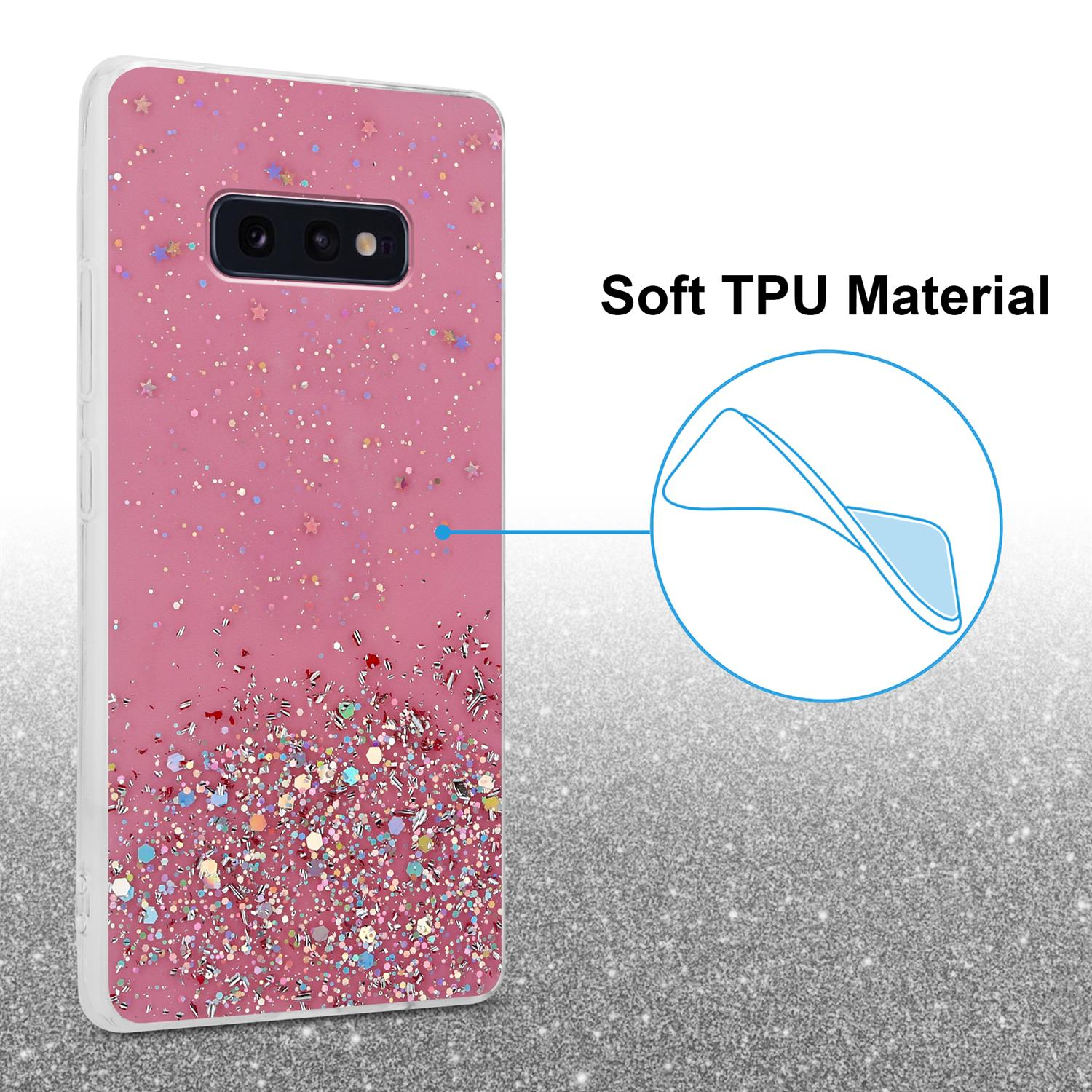 Custodia rosa con glitter, telefono dentro e testo 'Soft TPU Material'.