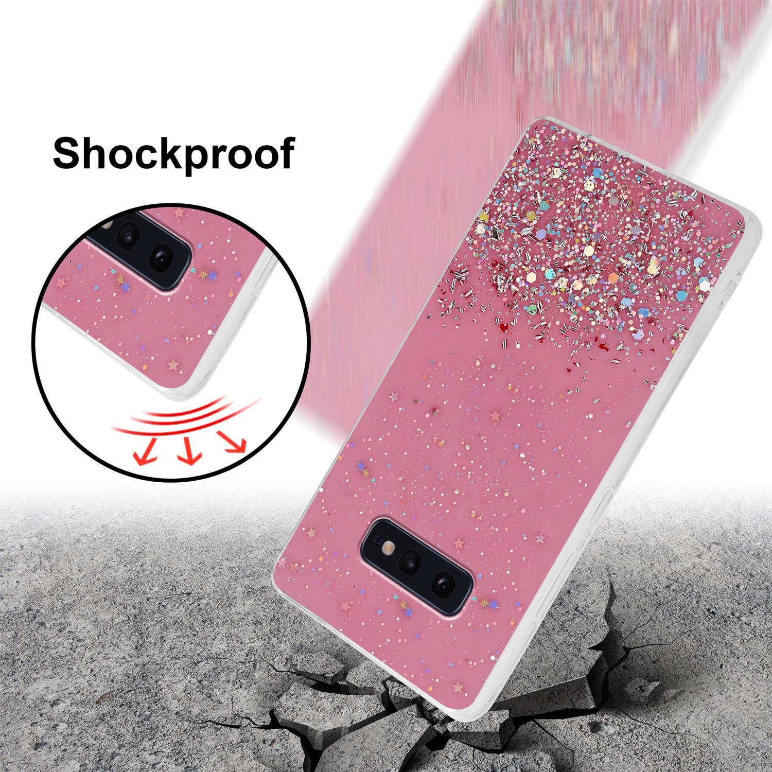 Custodia per telefono rosa glitterata e un'altra nell'angolo. Il telefono cade, mostrando antiurto.