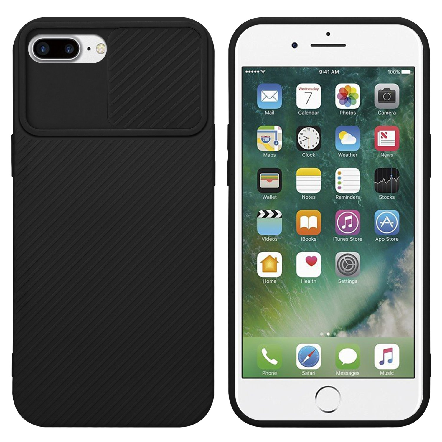 iPhone mit schwarzer Hülle. Hülle mit schwarzer Kameraabdeckung. Auf weißem Hintergrund. App-Symbole sichtbar.