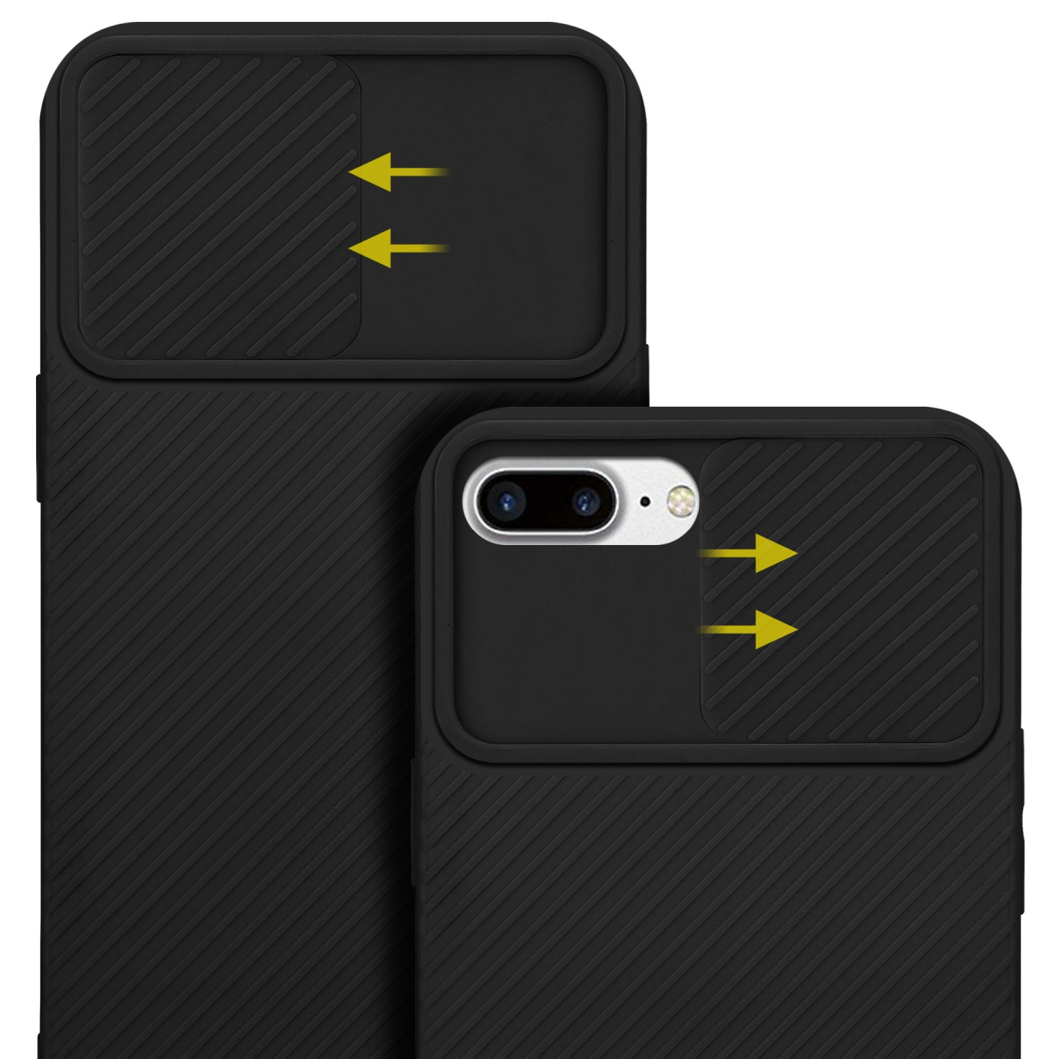 Schwarze Handyhüllen mit Kameraschutz. Gelbe Pfeile zeigen auf den Kamerabereich.
