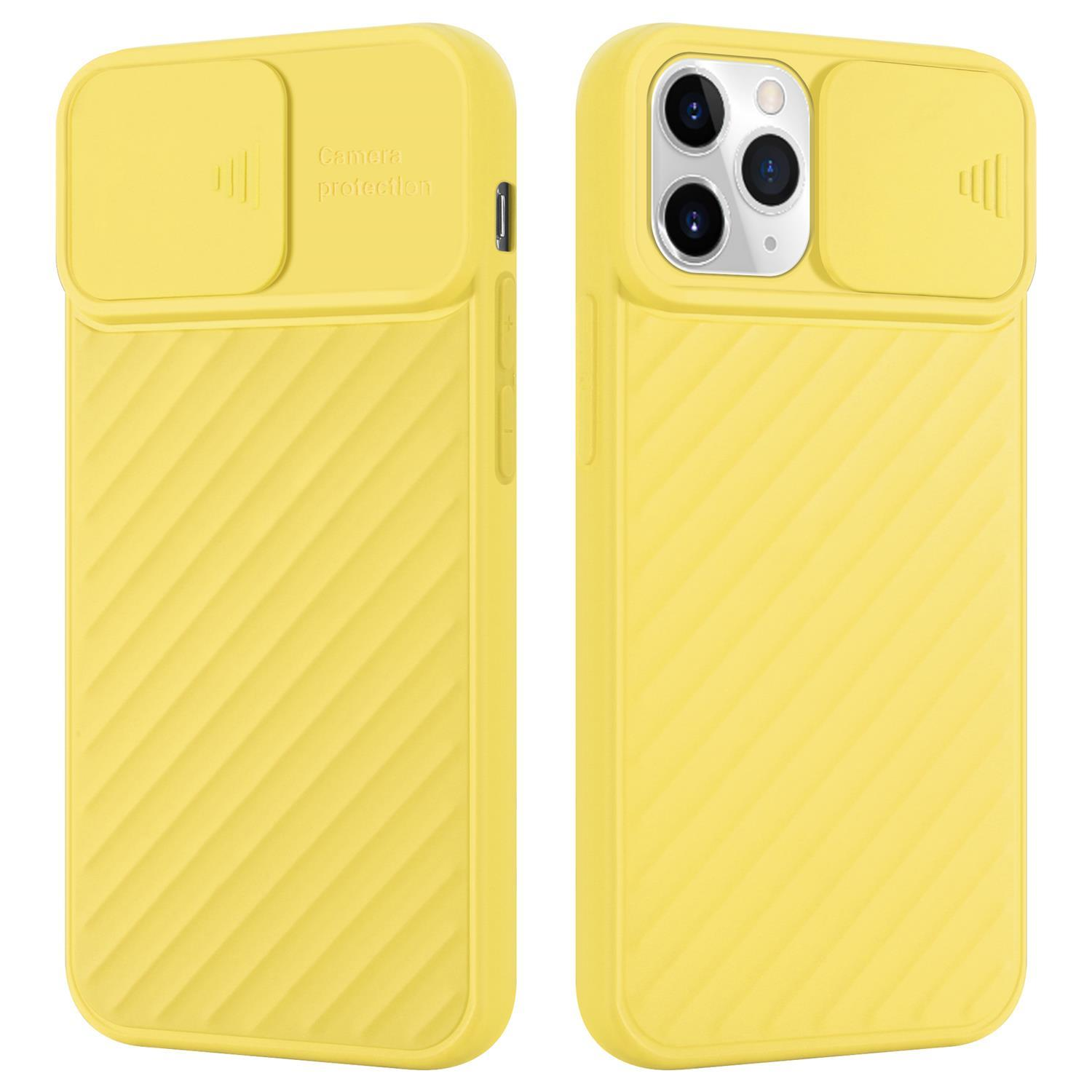 Gelbe Handyhülle mit Kameraabdeckung und Telefon. Die Abdeckung auf der Rückseite ist offen.