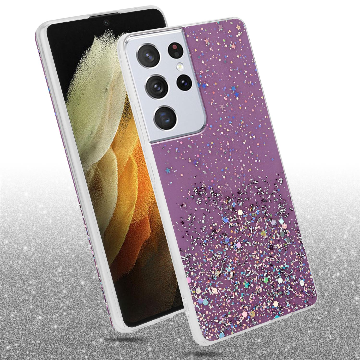 Custodia viola con design glitterato, su una superficie glitterata.
