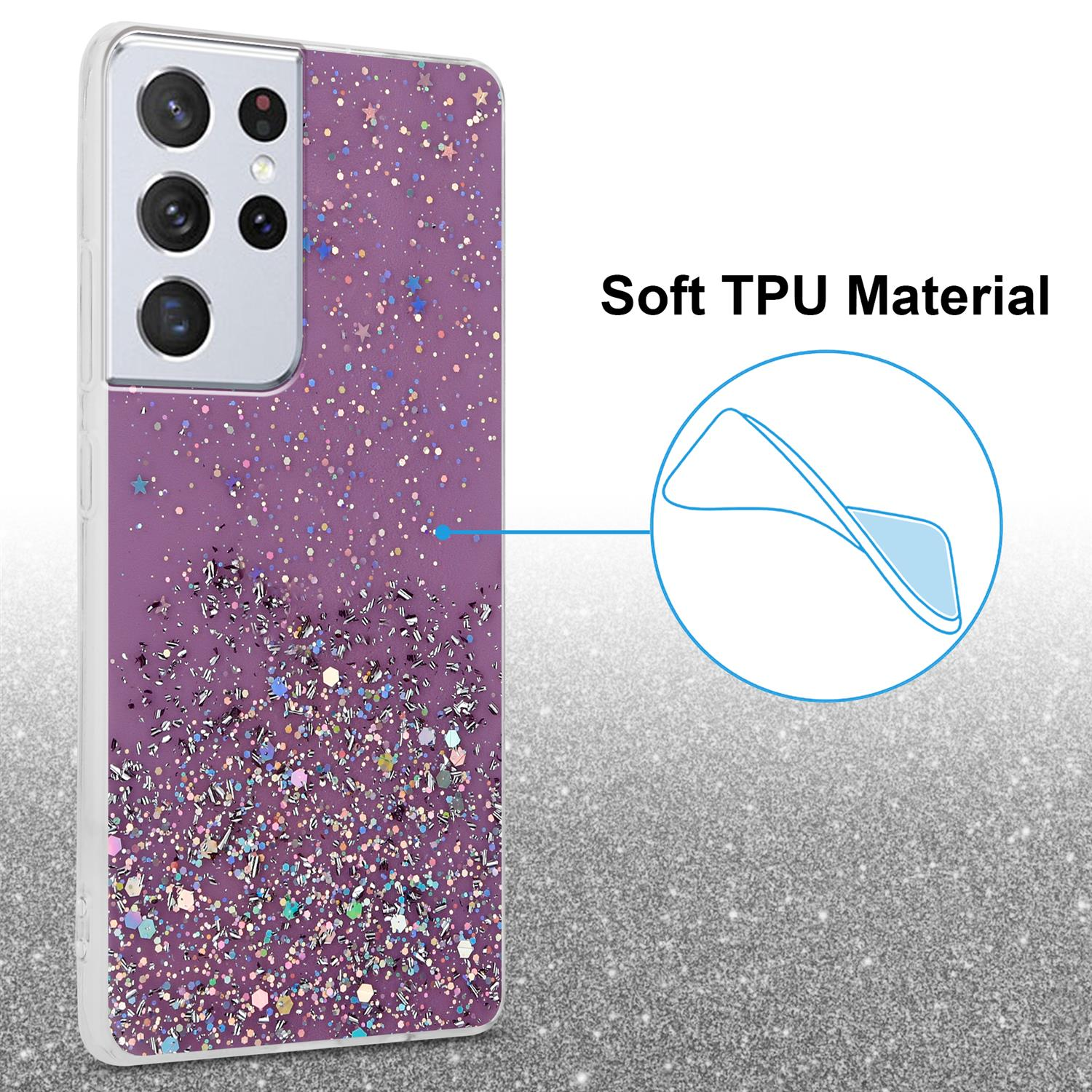 Custodia viola con glitter e materiale TPU morbido.