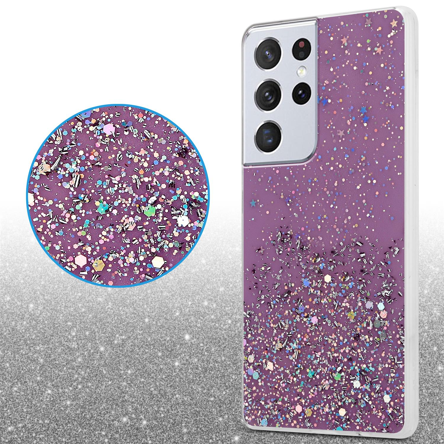 Custodia per telefono viola con glitter. Primo piano del dettaglio glitter. Con bordo bianco.
