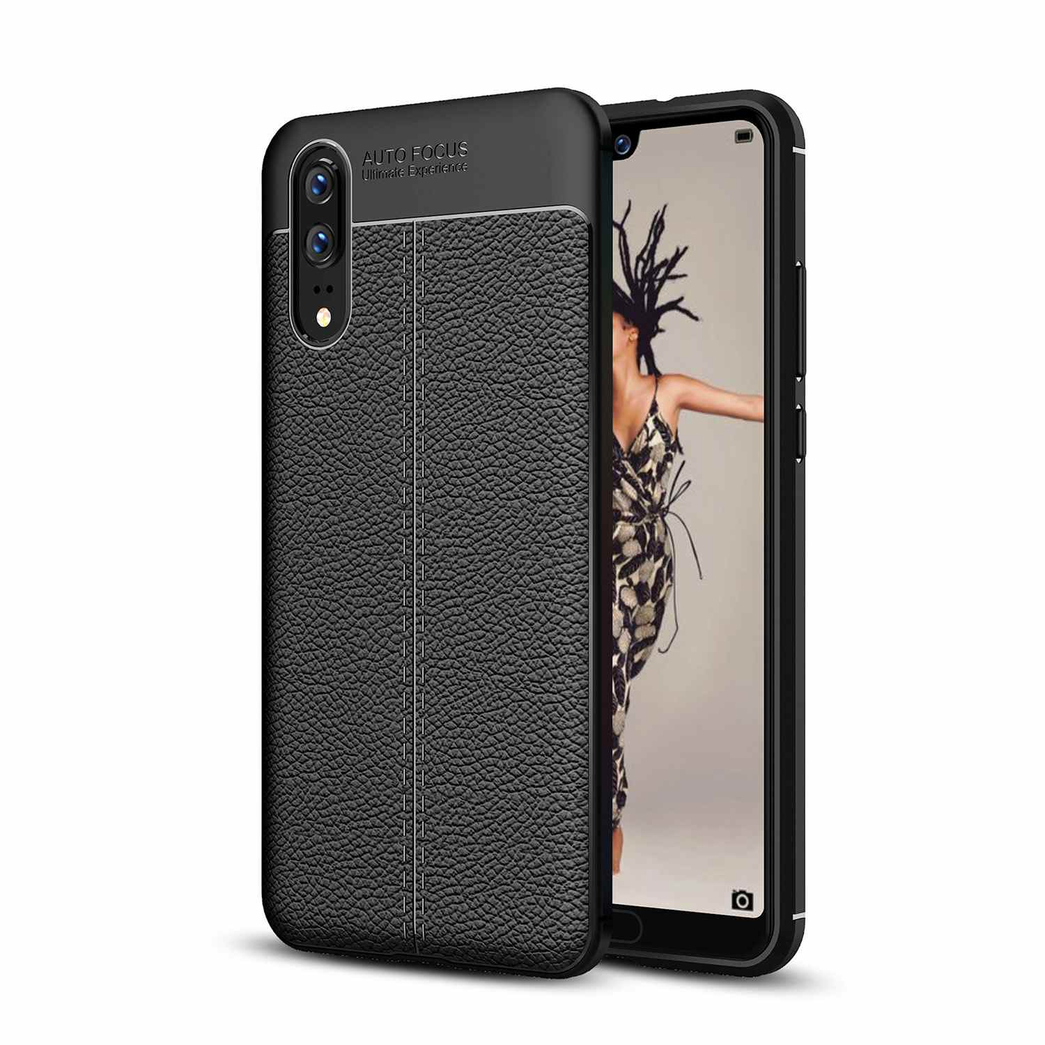 CADORABO Hülle TPU Huawei, Backcover, Silikon Kunstleder-Applikation, P20, edler Tief Schwarz mit