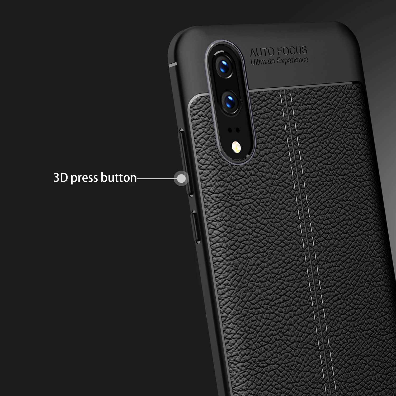 Gros plan sur coque noire texture cuir. 'Auto Focus' écrit dessus. Bouton pression 3D.