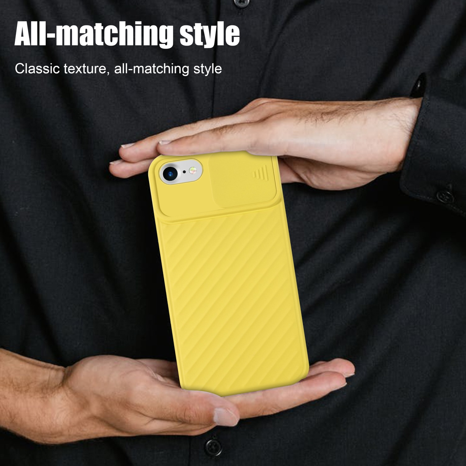 Gelbe Handyhülle mit Kameraabdeckung. Gehalten von einer Person in schwarzem Hemd. Text: All-Matching-Style.