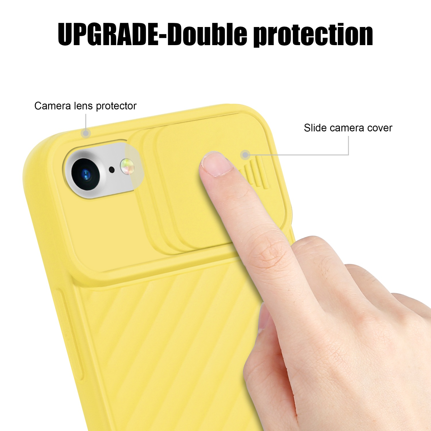 Gelbe Handyhülle. Eine Hand schiebt die Kameraabdeckung. Text: Upgrade-Doppelschutz.