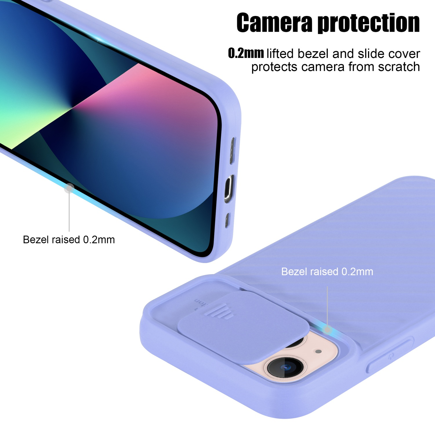 Detalle de funda lila. Bisel elevado 0,2 mm. La funda está sobre una superficie blanca.