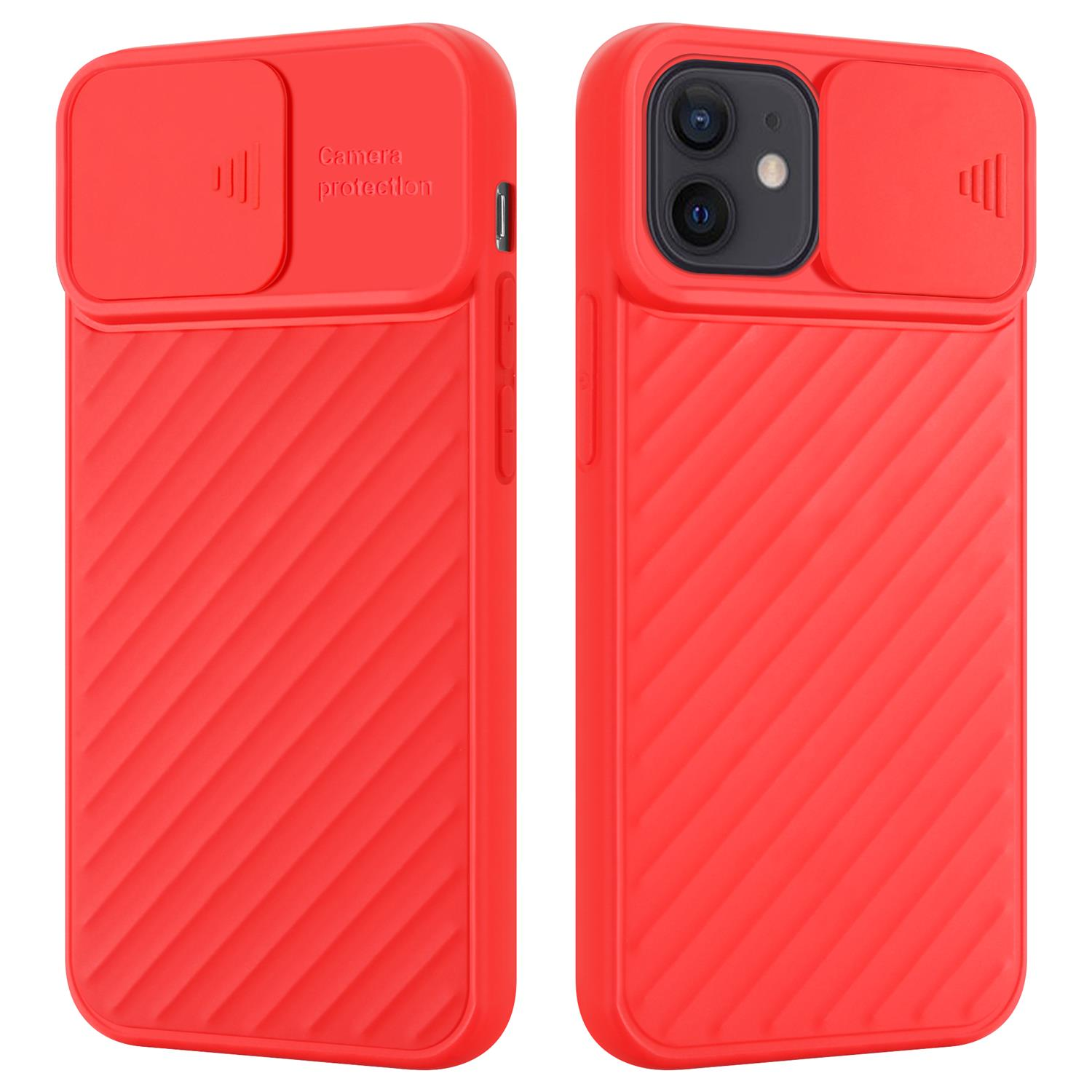 Rote Handyhülle mit Kameraabdeckung. Die Hülle hat ein diagonales Linienmuster. Das Telefon ist rechts.