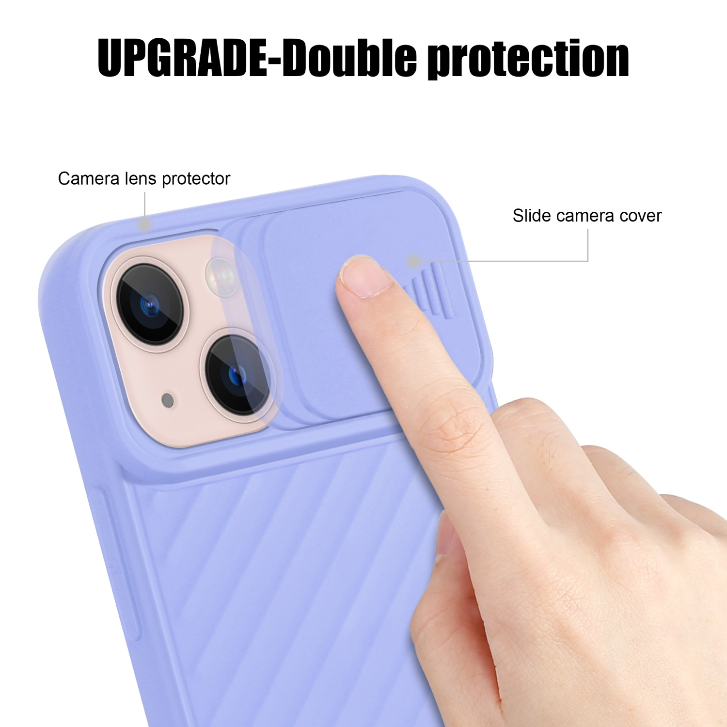 Primer plano de una funda de teléfono con cubierta deslizante para cámara. Un dedo toca el control deslizante.