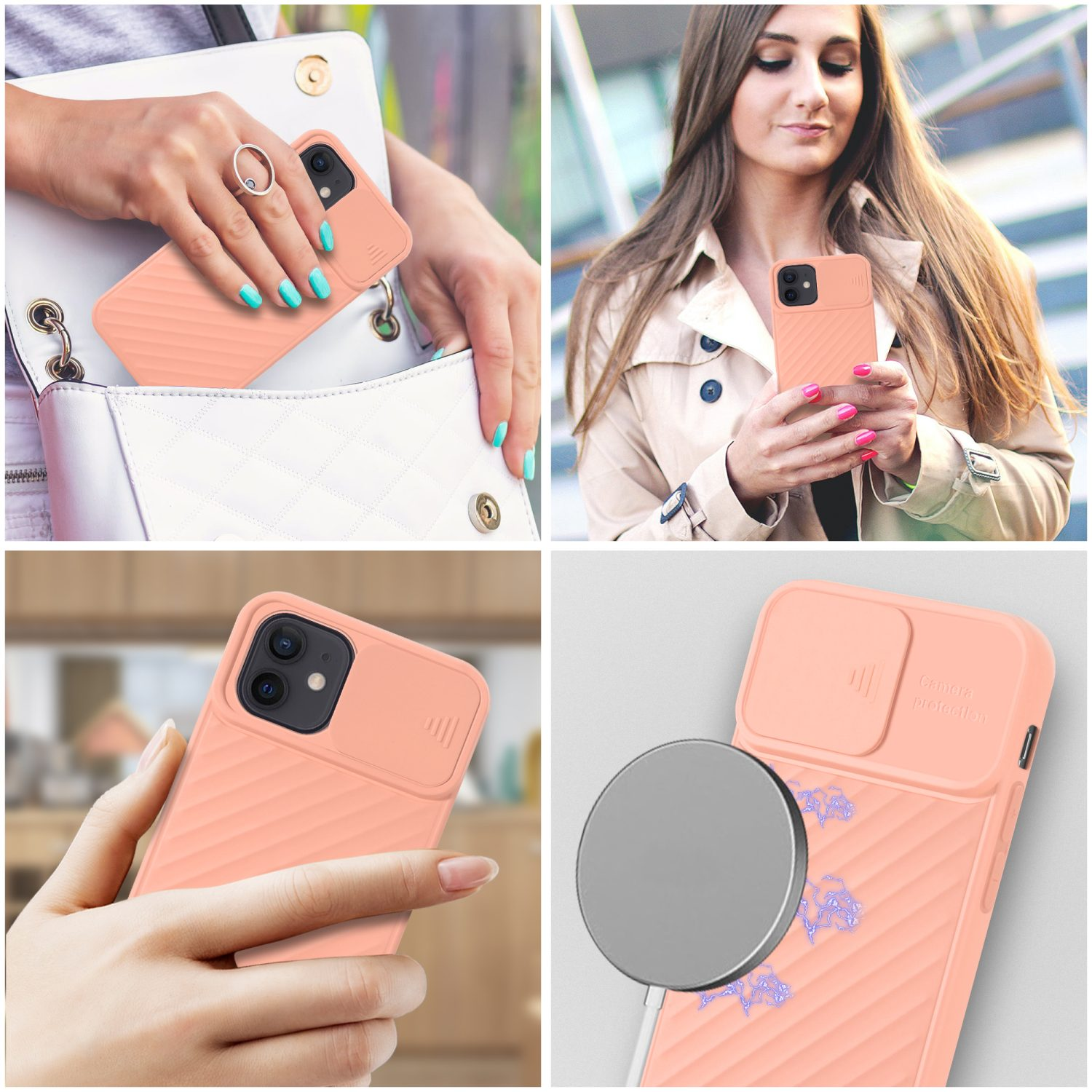 Vier Fotos zeigen Handyhüllen. Die Handyhülle ist orange mit einem Kameraschutz. Das Telefon befindet sich in einer Tasche.