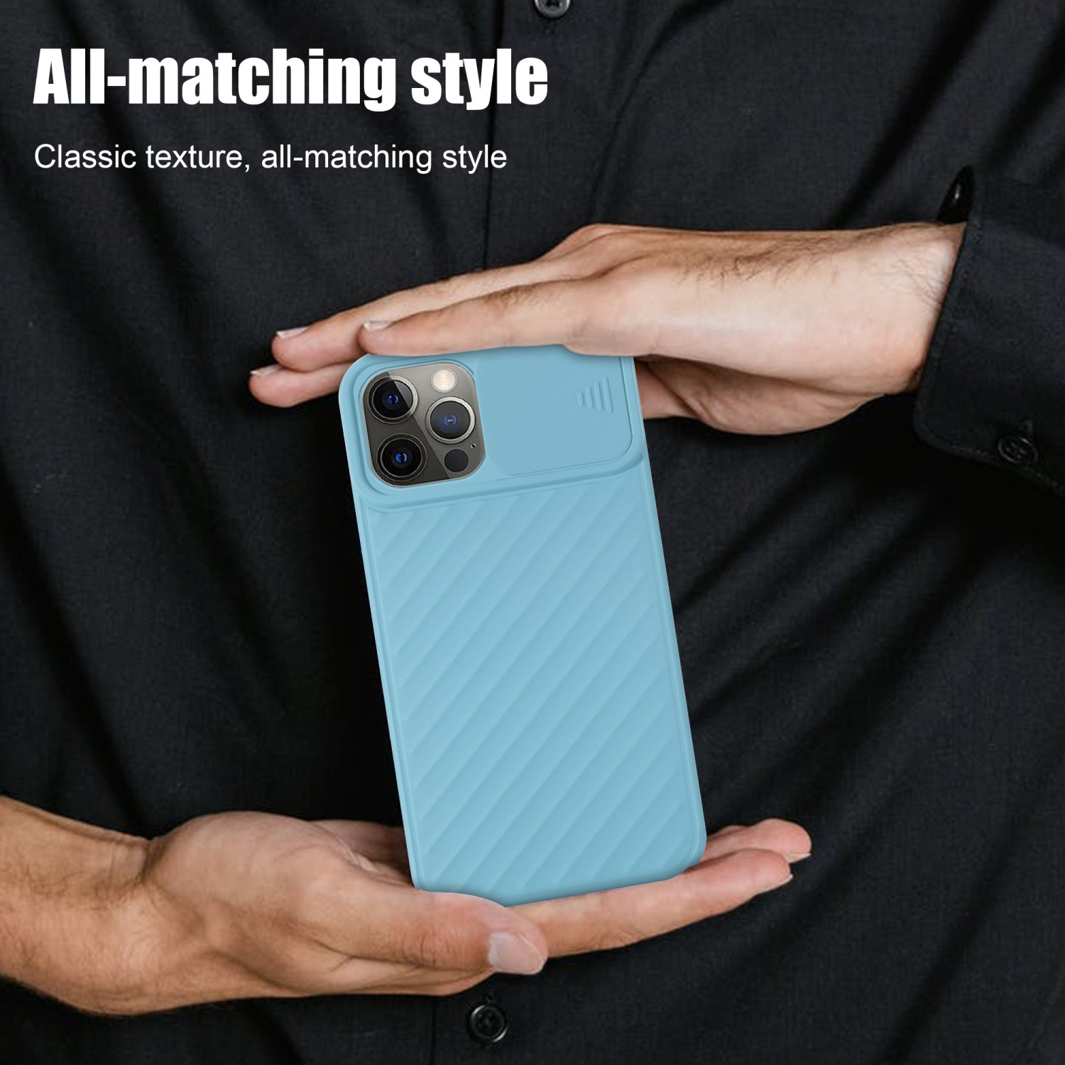 Eine Person, die eine hellblaue Handyhülle mit Kameraabdeckung hält. Text: 'All-matching style'.