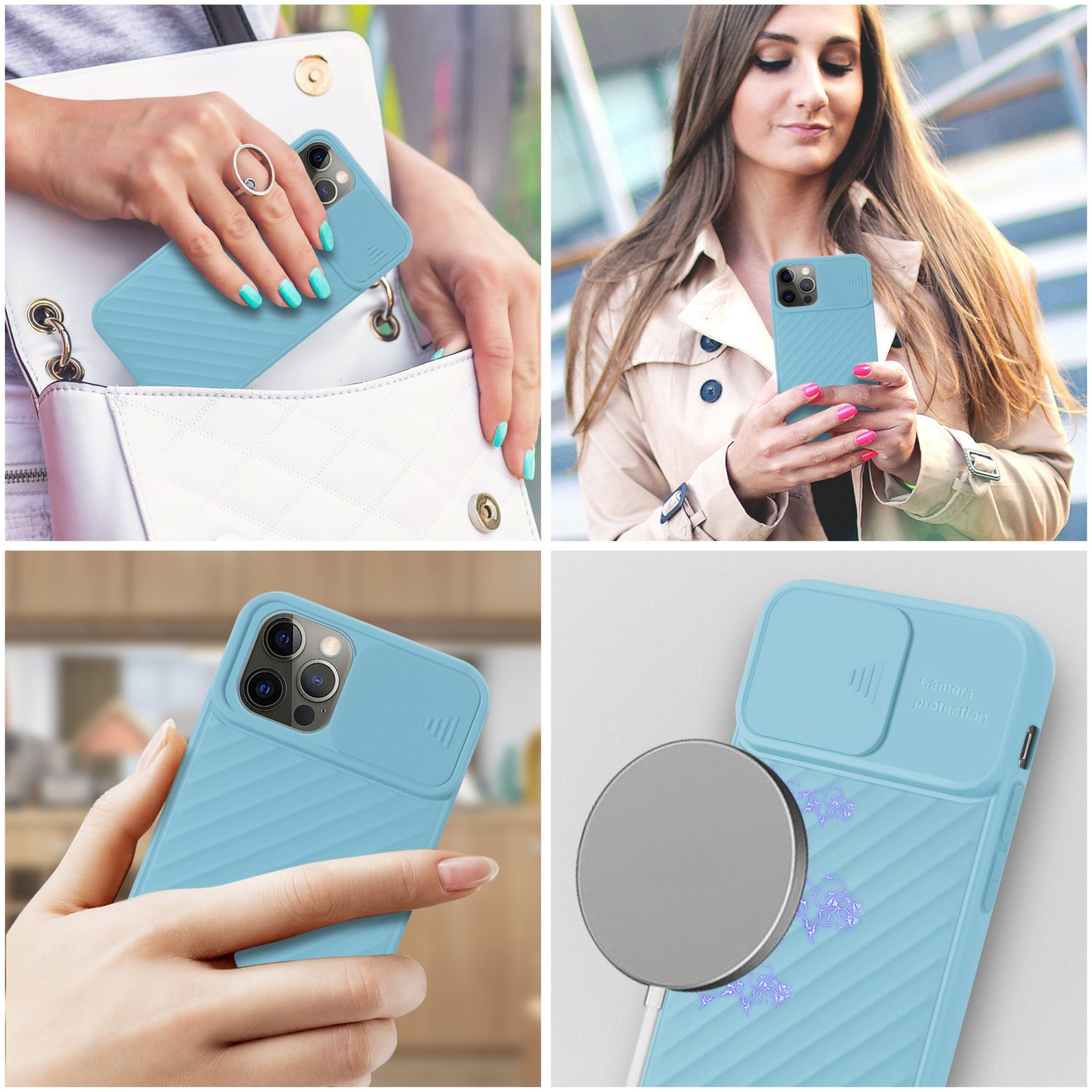 Eine Reihe von Fotos, die eine verwendete Handyhülle mit verschiebbarer Kameraabdeckung in Blau zeigen.
