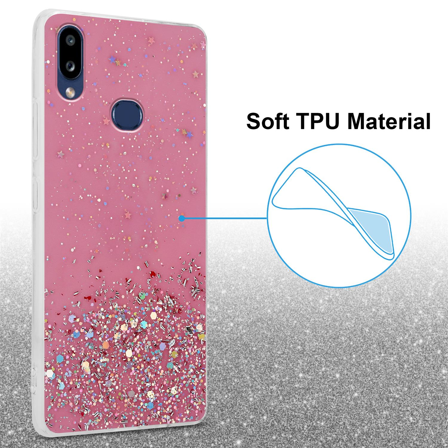 Pinke Handyhülle mit Glitzer, Details, auf silbernem Hintergrund, mit weichem TPU-Material.