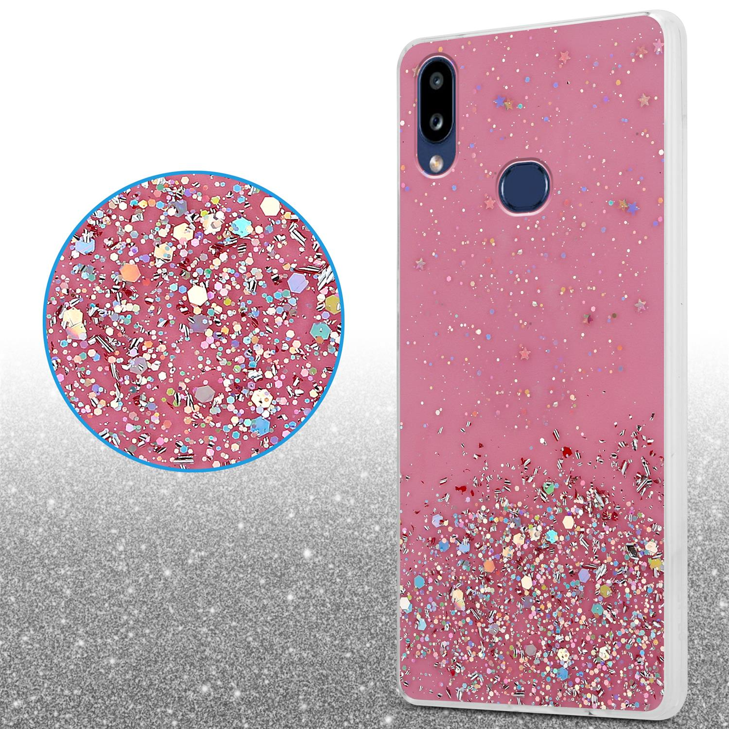 Eine rosa Handyhülle mit Glitzer. Nahaufnahme des Glitzers in der Ecke. Schimmernder Hintergrund.