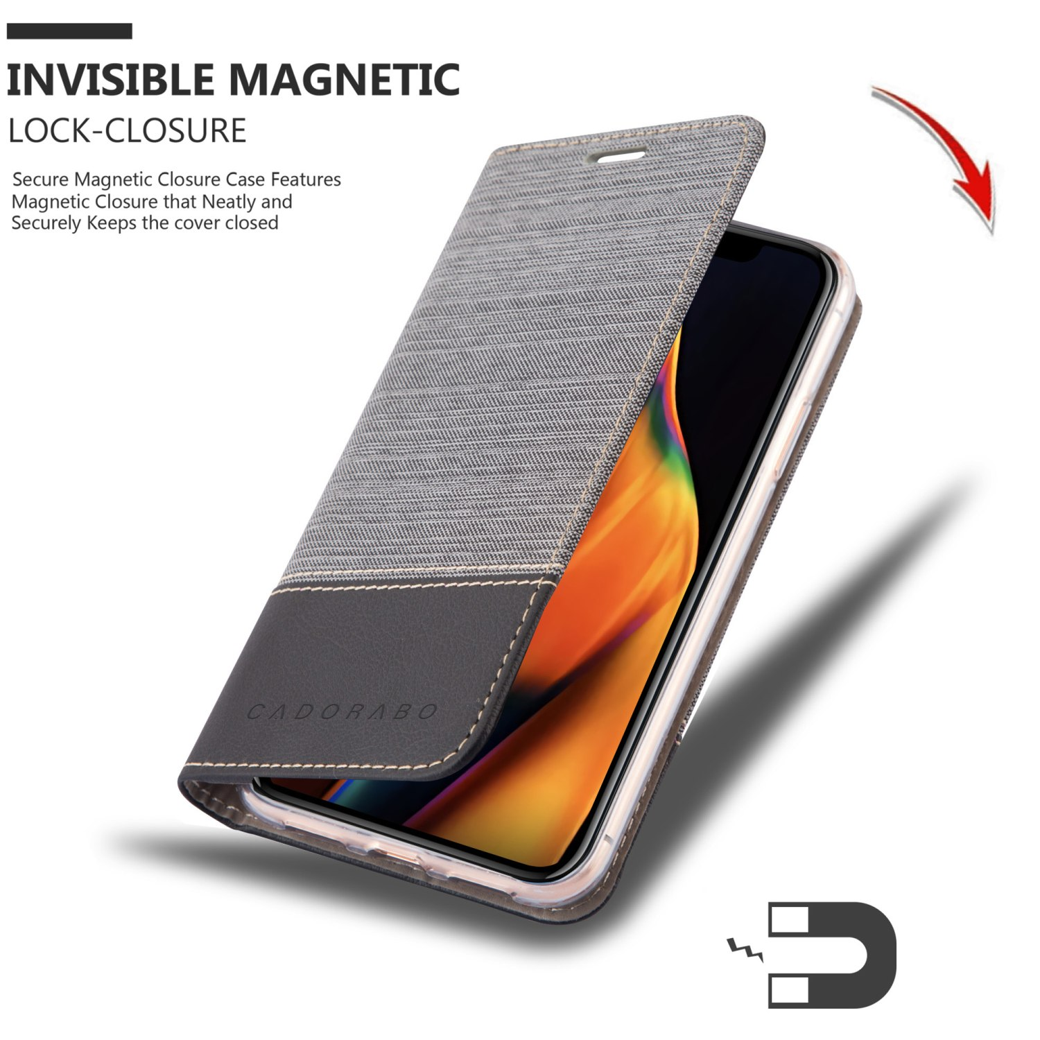 Grau-schwarze Handyhülle geöffnet, Telefon sichtbar. Magnetverschluss hervorgehoben.
