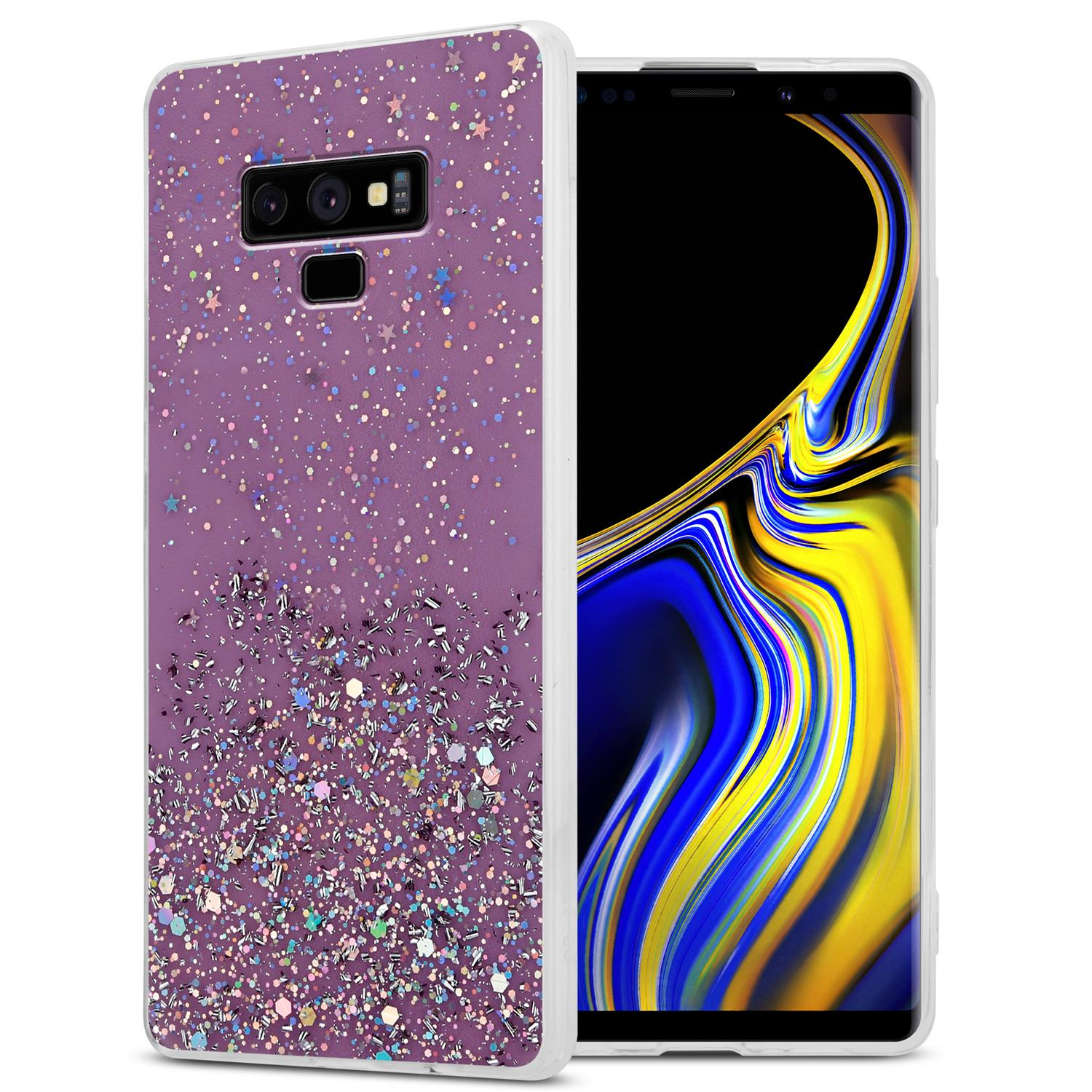 Lila Handyhülle mit Glitzer, Telefon rechts. Hintergrund ist weiß.