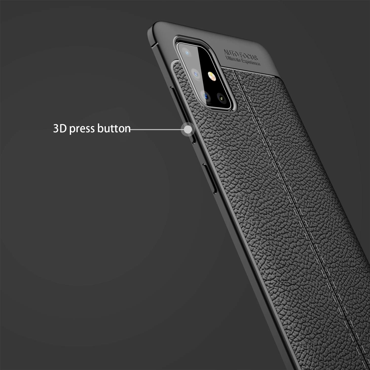 Custodia nera con superficie strutturata e fotocamera. Il testo recita pulsante 3D.