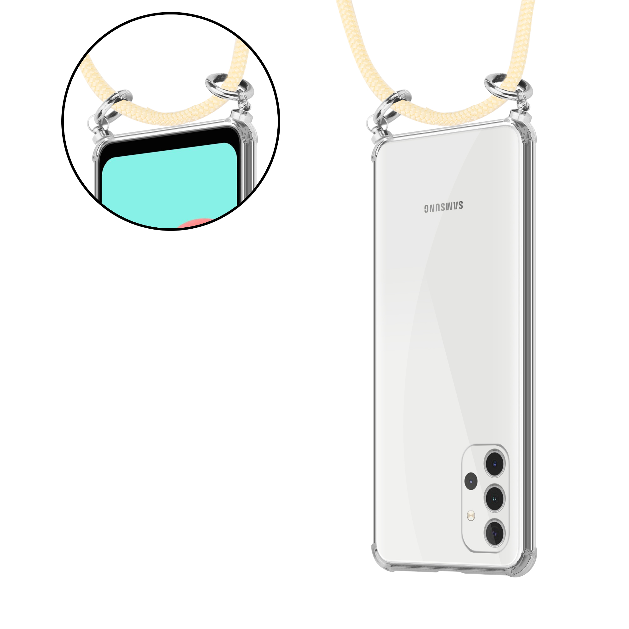 Transparente Handyhülle mit gelbem Band. Das Telefon ist rechts. Vergrößerte Ansicht des Bandes.