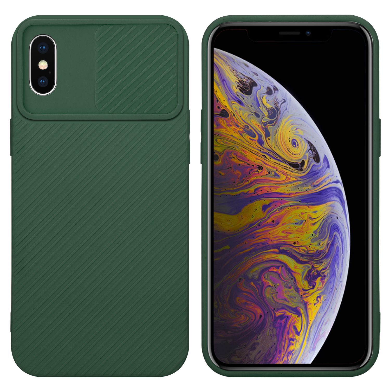 Grüne Handyhülle mit Kameraabdeckung. Telefon mit farbigem Bildschirm. Weiß.